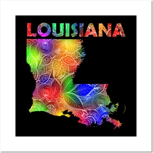 Colorful mandala art map of Louisiana with text in multicolor pattern Posters and Art